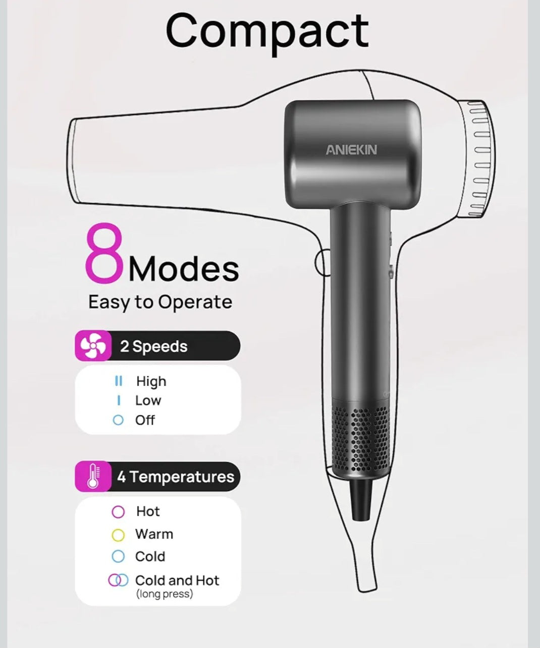 Aniekin Hair Dryer, High-Speed Ionic Low Noise Blow Dryer